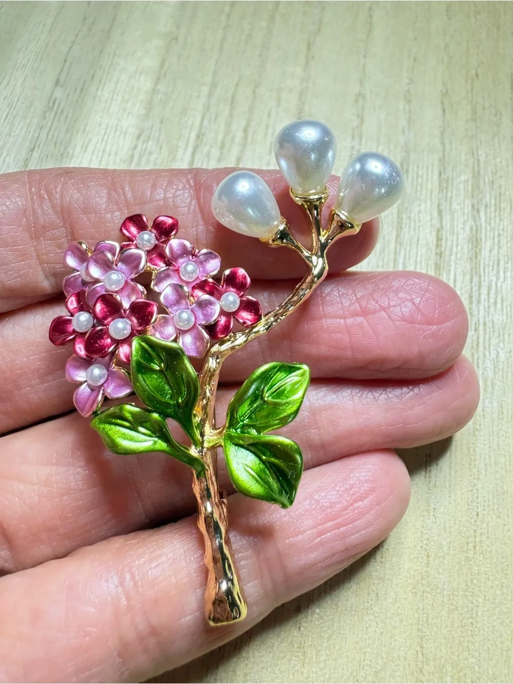 Floral Pearl Branch Brooch - Pink & Green